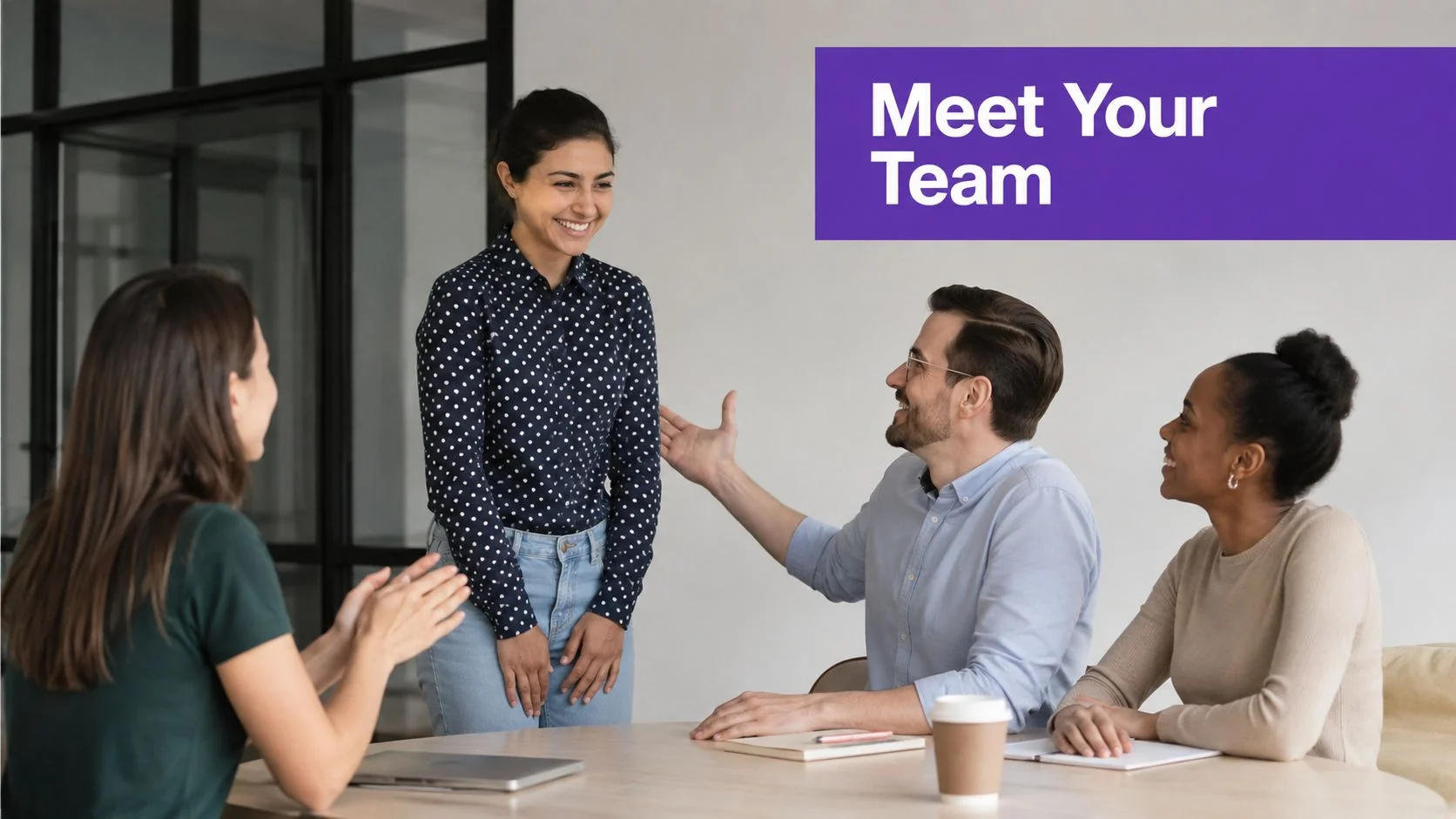A diverse group of colleagues cheering and smiling as they welcome a new team member at work.