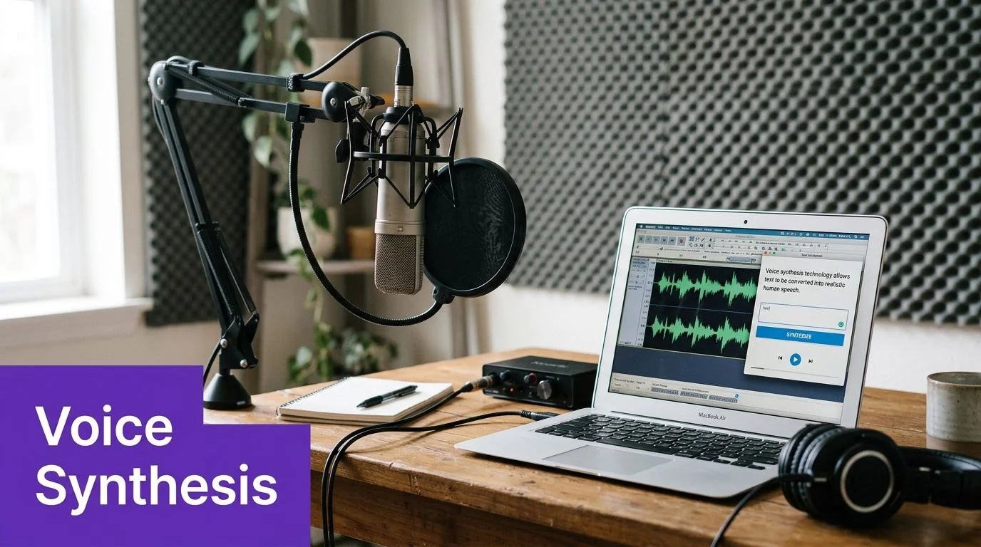 A professional home recording studio setup with a microphone, laptop, and audio interface on a wooden desk.