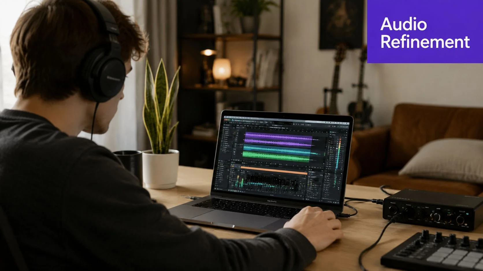 A young music producer working on audio editing projects on a laptop in a home studio.