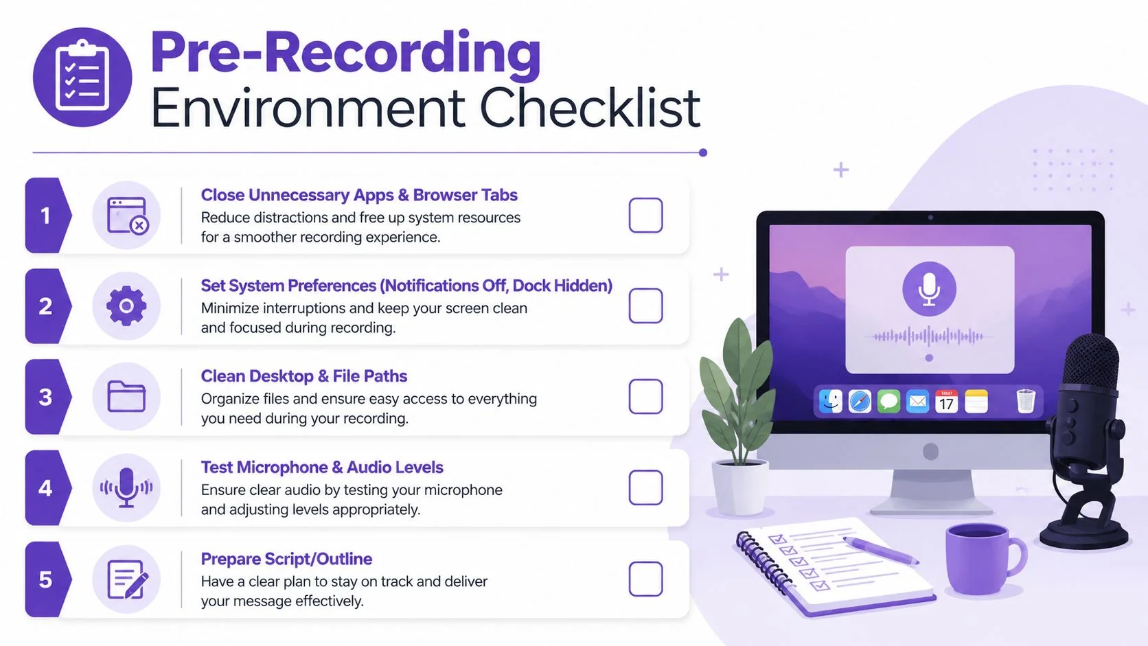 A pre-recording environment checklist for content creators displayed with icons and a computer workstation illustration.