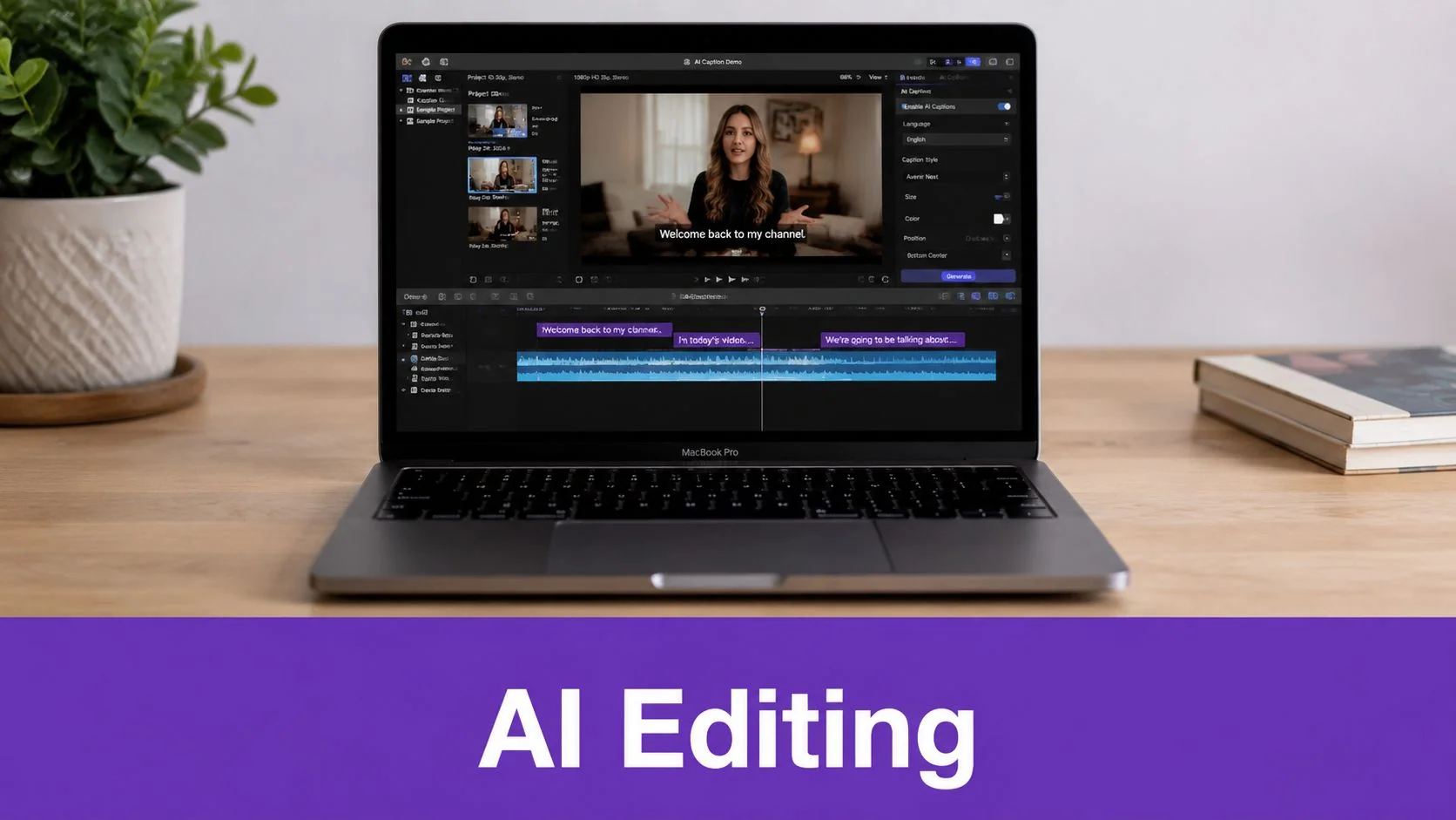 A MacBook Pro laptop displaying a video editing software interface with AI captioning features on screen.