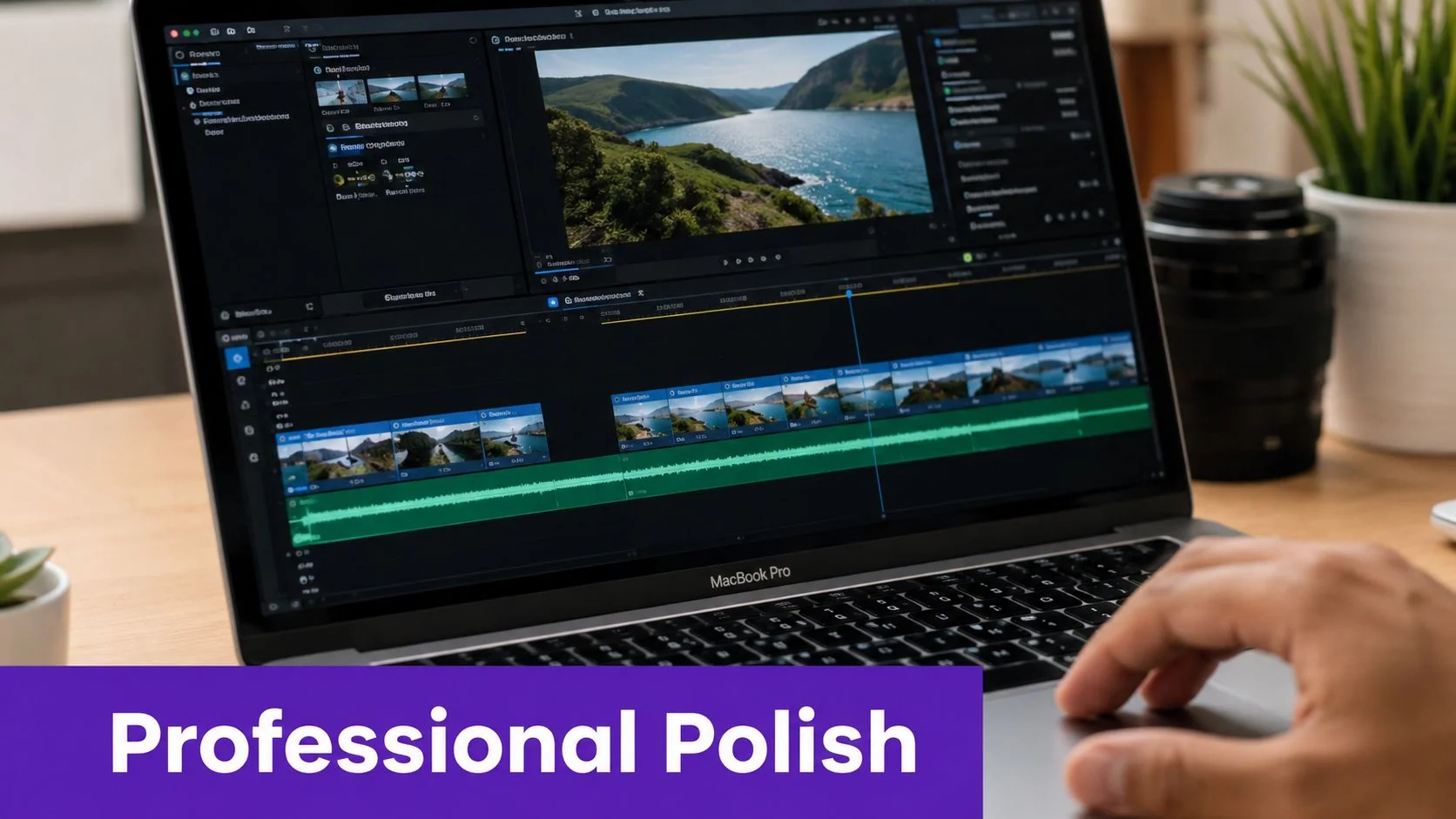 A person using a MacBook Pro to edit a video project in professional editing software.