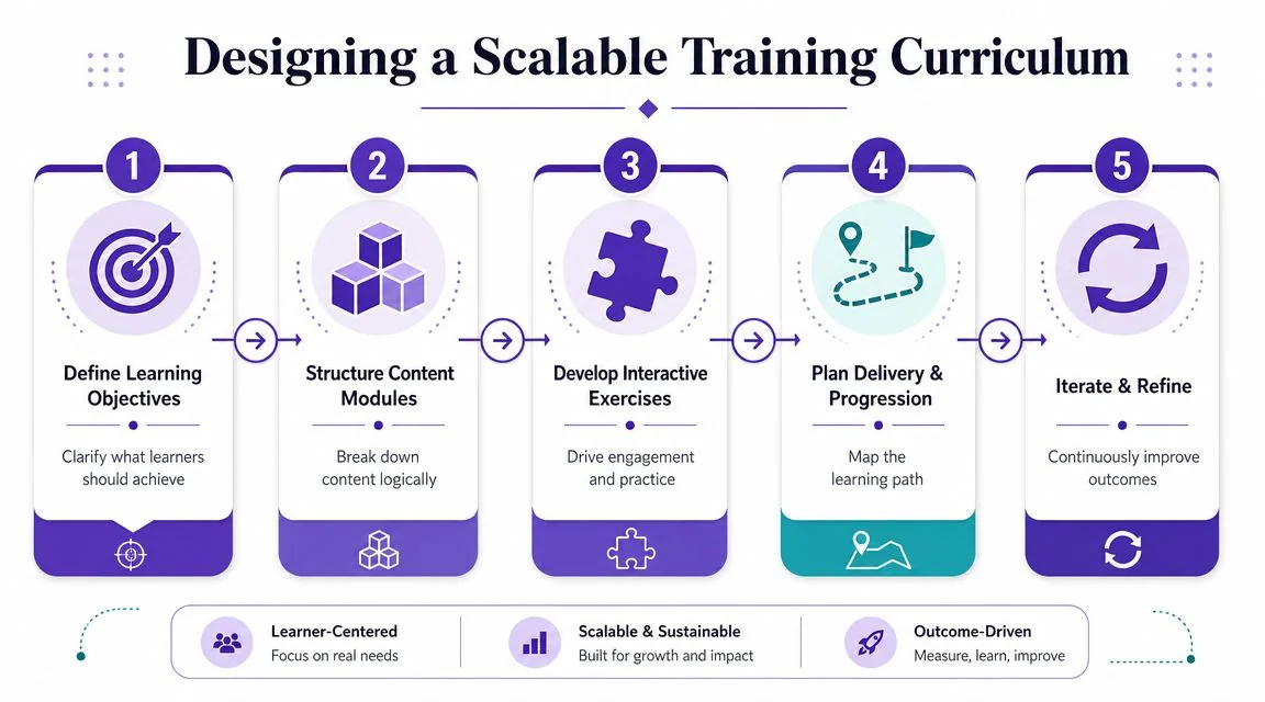 A five-step infographic titled Designing a Scalable Training Curriculum showing steps for developing educational content.