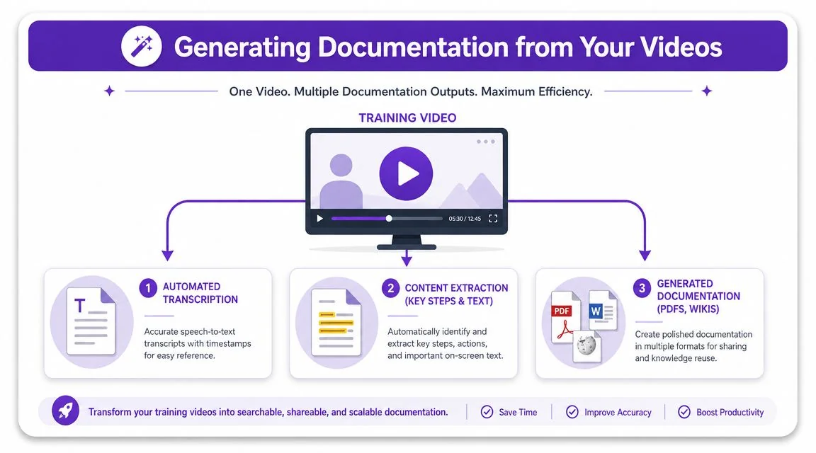 A diagram illustrating how to convert training videos into searchable documentation using automated transcription and extraction processes.