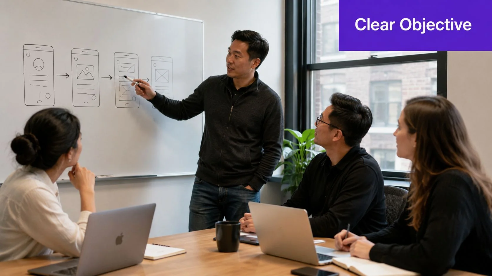A professional team collaborating on software interface design during a business meeting in a modern office.