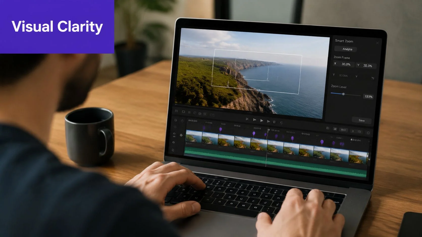 A person editing a video on a laptop using software with advanced zoom features.