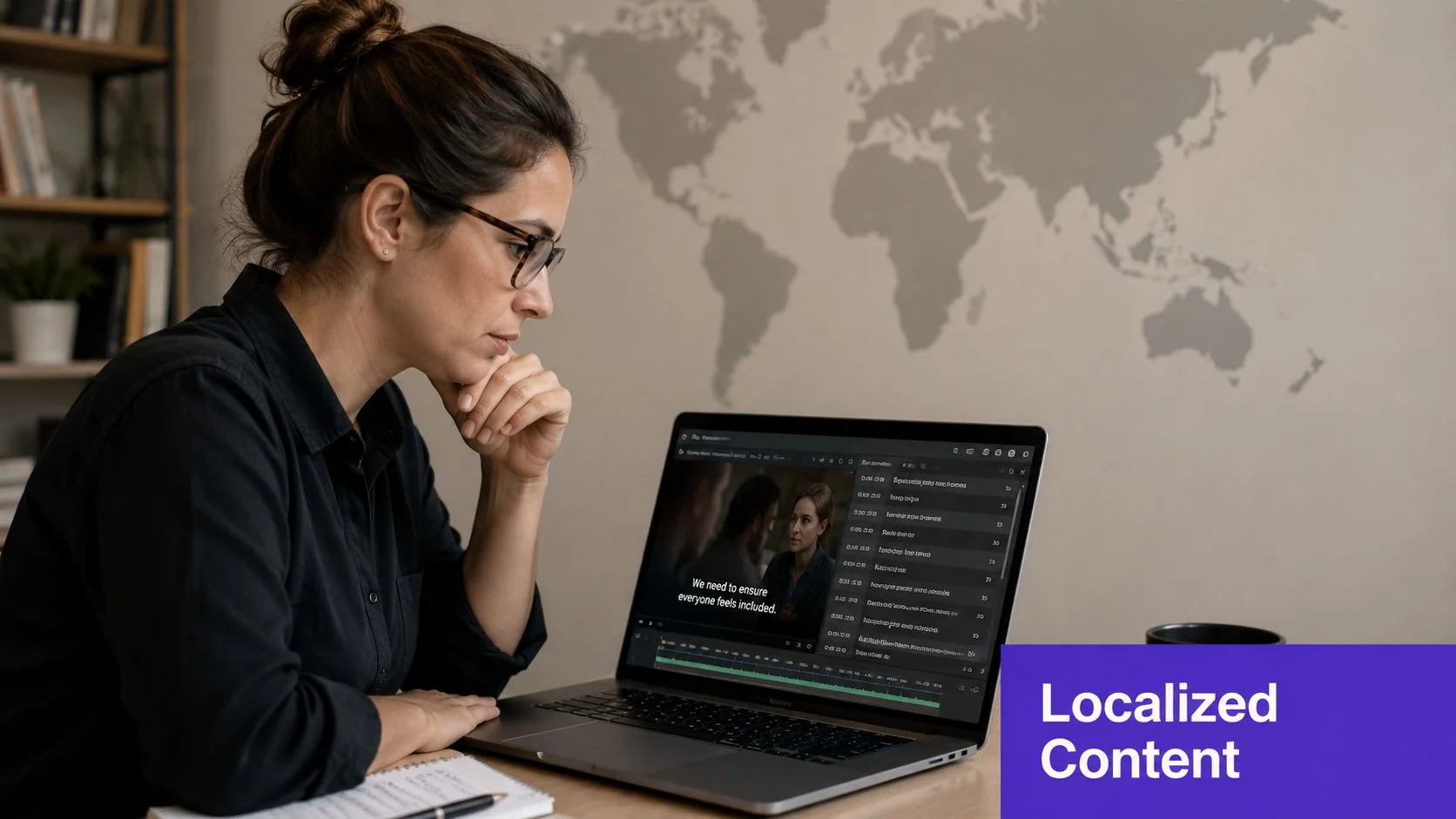 A woman working on a video editing software on her laptop with a world map background.