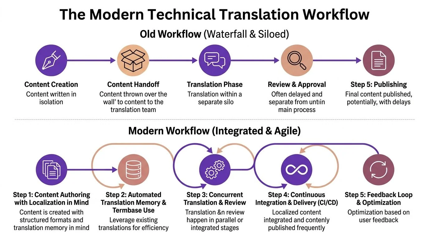 A diagram comparing traditional waterfall versus modern agile technical translation workflows in document content creation.