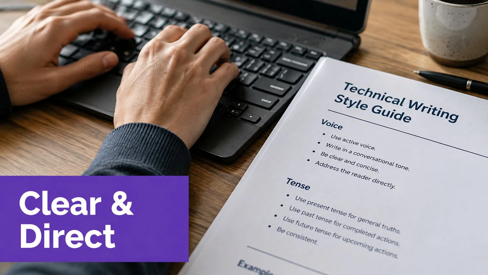 A person types on a laptop next to a paper document titled Technical Writing Style Guide.