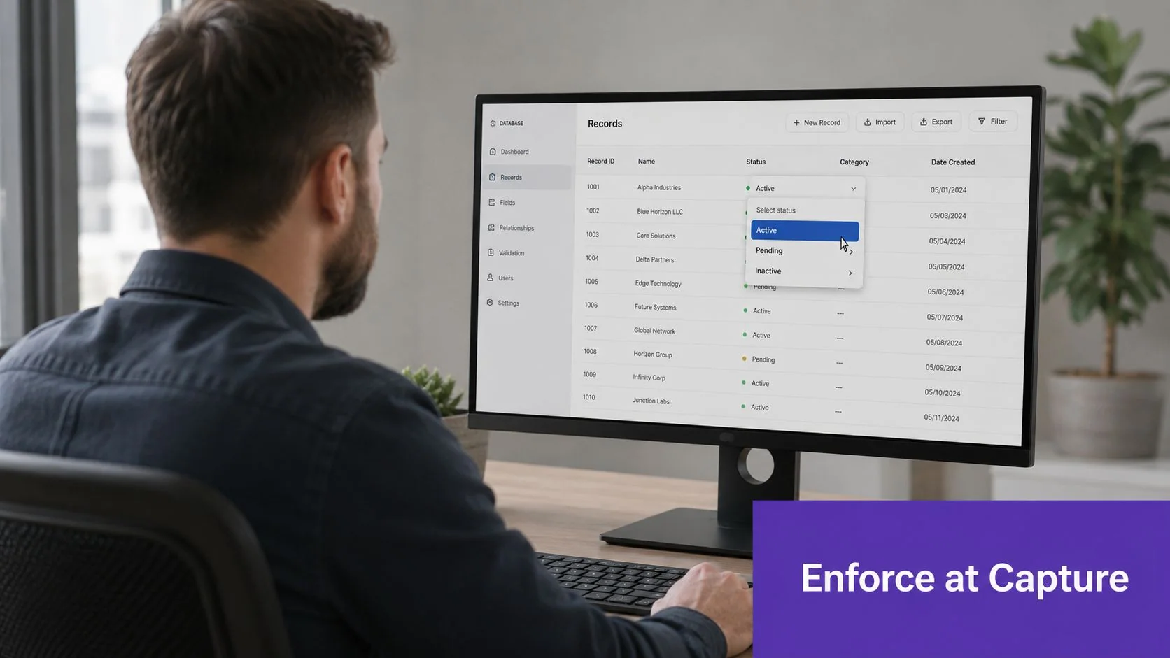A professional working on a database management dashboard, selecting an active status for a company record.