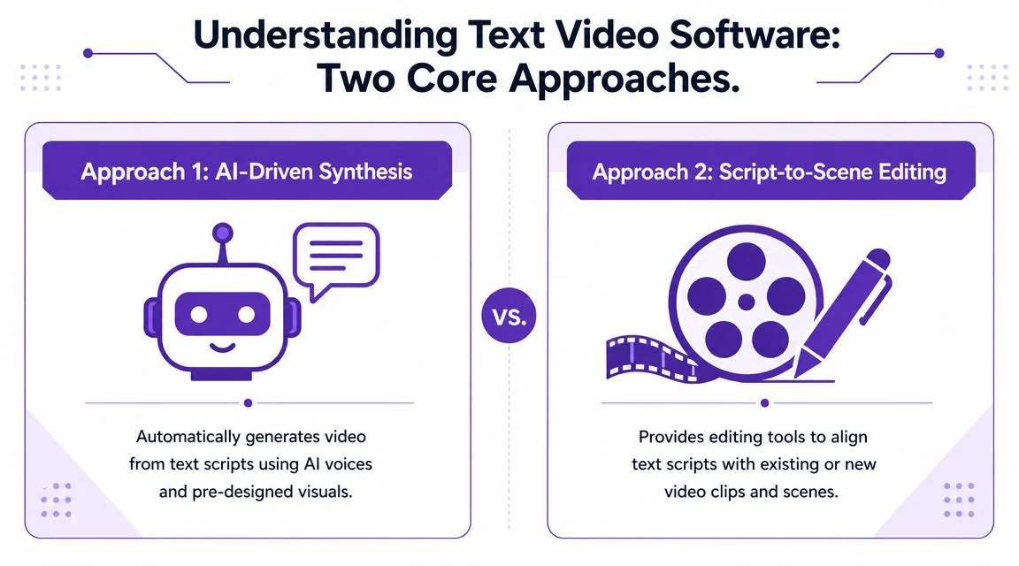 An infographic comparing AI-driven synthesis and script-to-scene editing as two primary text-to-video software development approaches.
