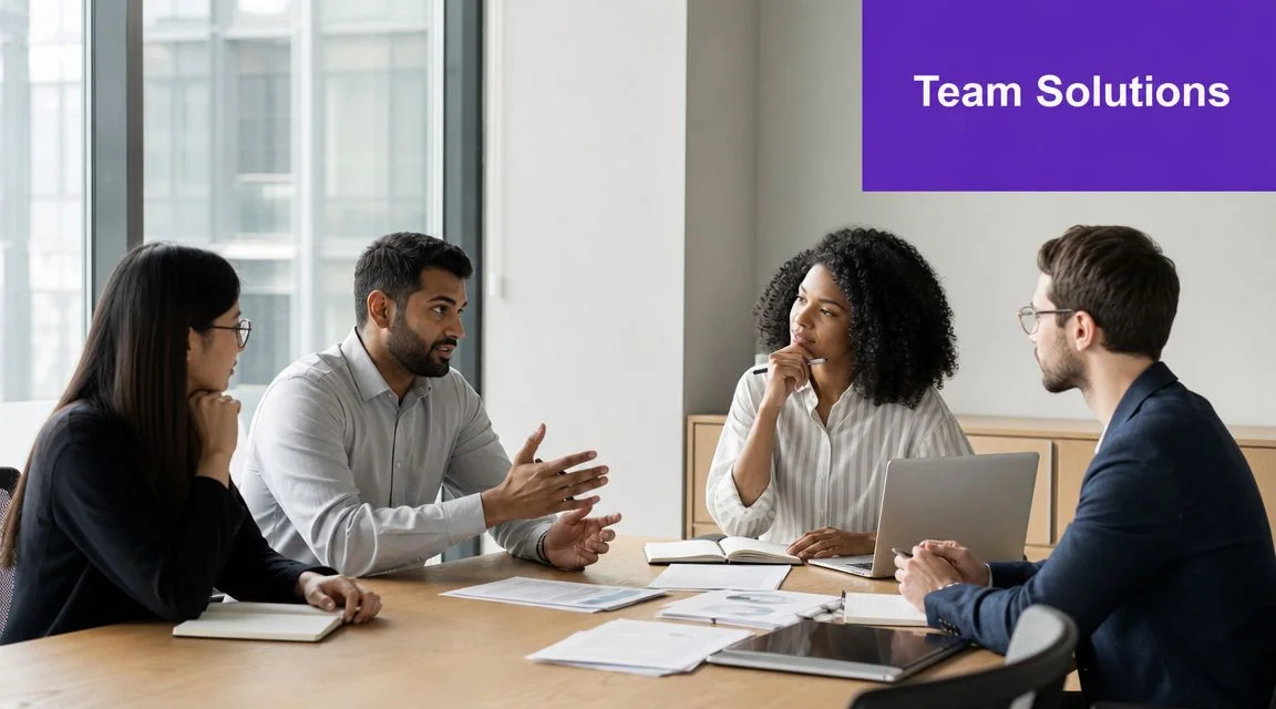 A diverse group of professional colleagues collaborating and discussing business strategies around a wooden meeting table.