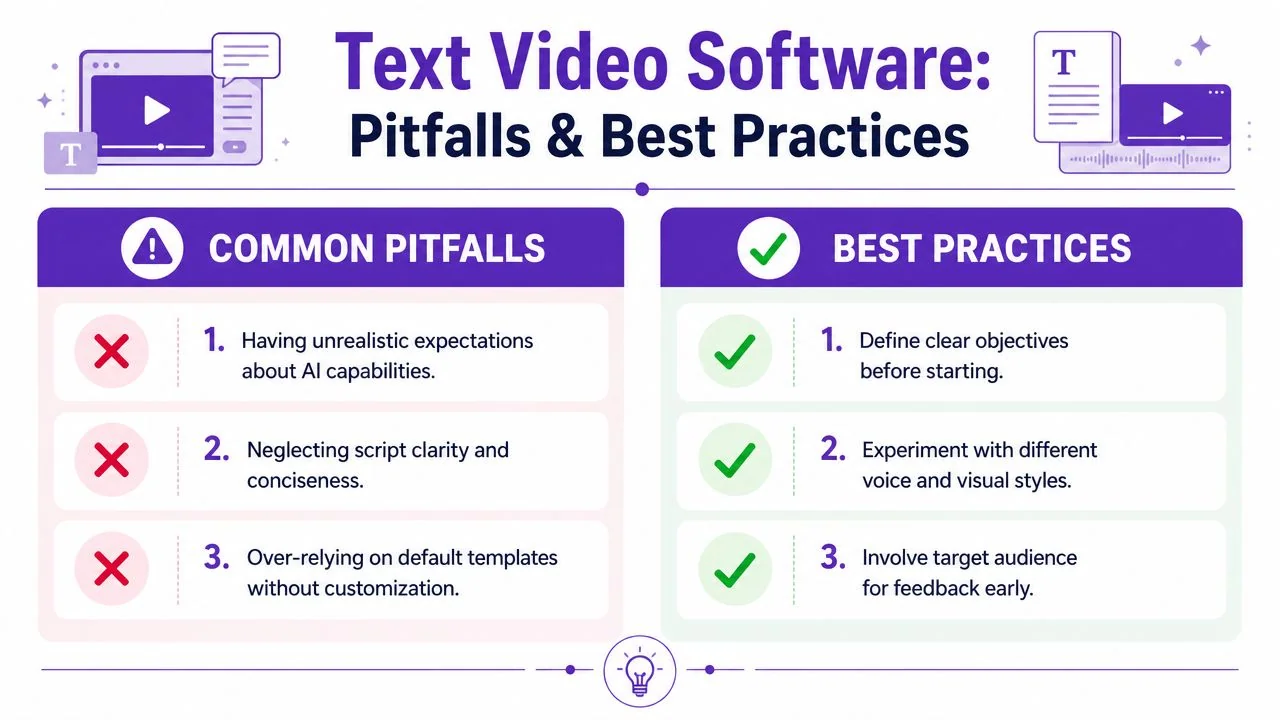 An infographic titled Text Video Software showcasing common pitfalls and best practices for creating digital content.