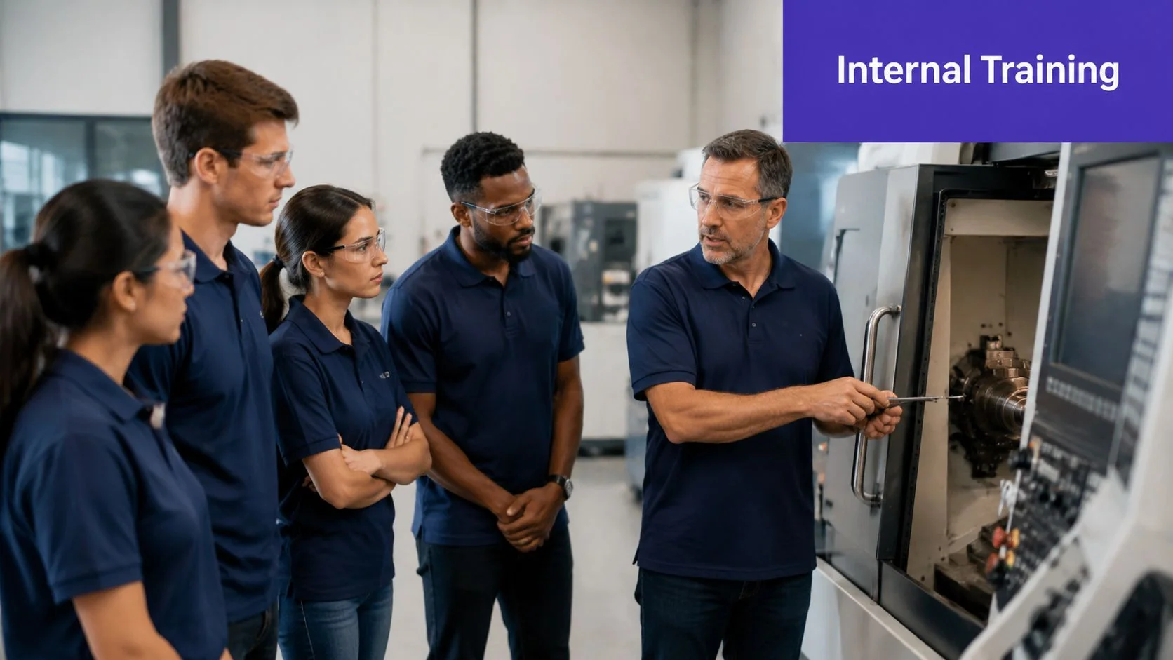 A professional instructor training employees on how to use industrial manufacturing machinery in a workshop setting.