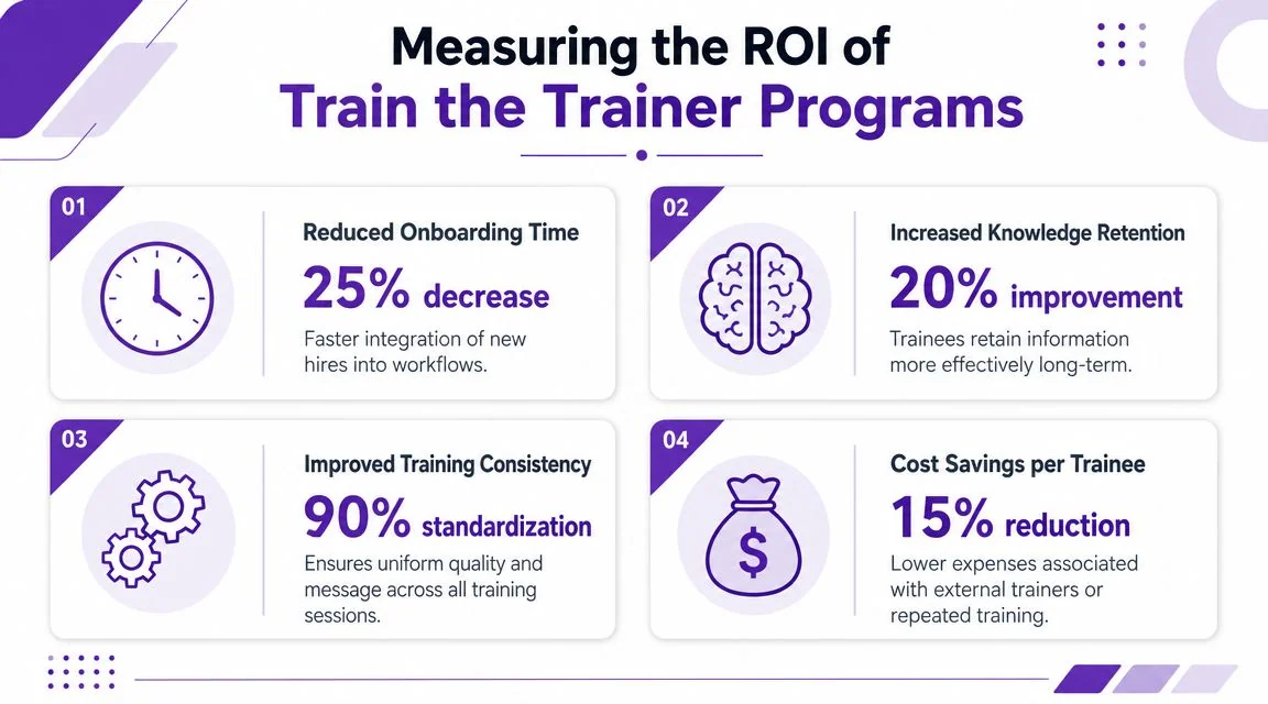 An infographic showing four key benefits of train the trainer programs including reduced onboarding, knowledge retention, consistency, and cost savings.