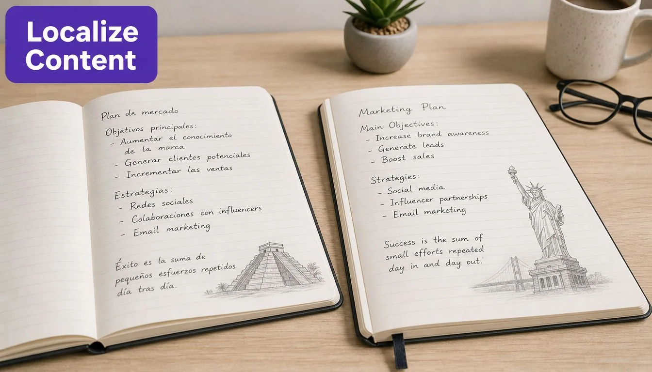 Two open notebooks side by side on a desk, one with Spanish text and one with English text.