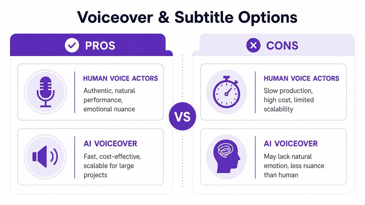 A comparison chart showing pros and cons of using human voice actors versus AI voiceover for media.