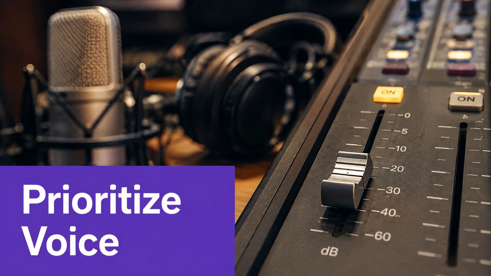 A professional microphone and headphones set up next to an audio mixing console in a studio.