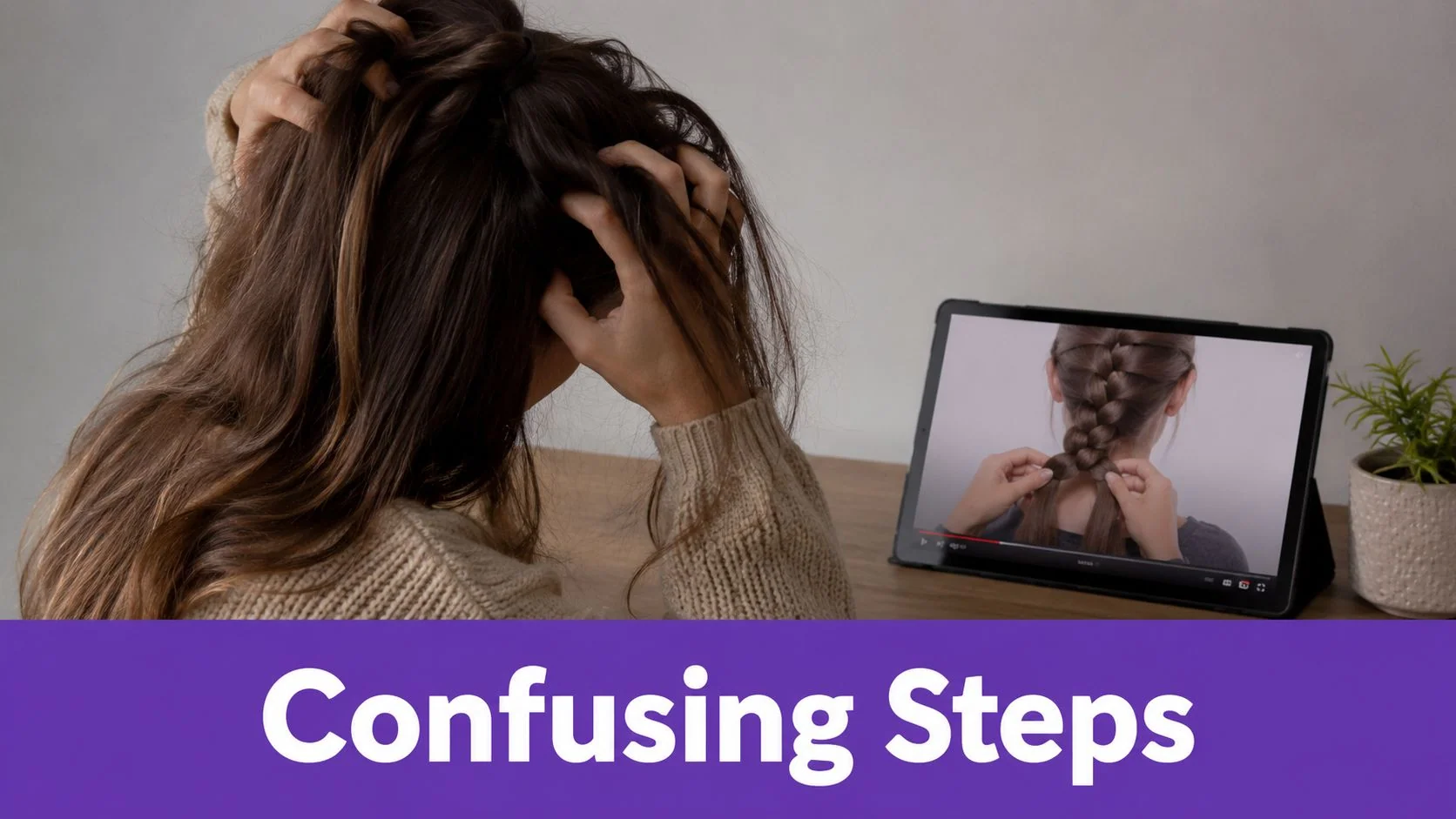 A frustrated woman looking at a hair braiding tutorial video on her digital tablet screen.