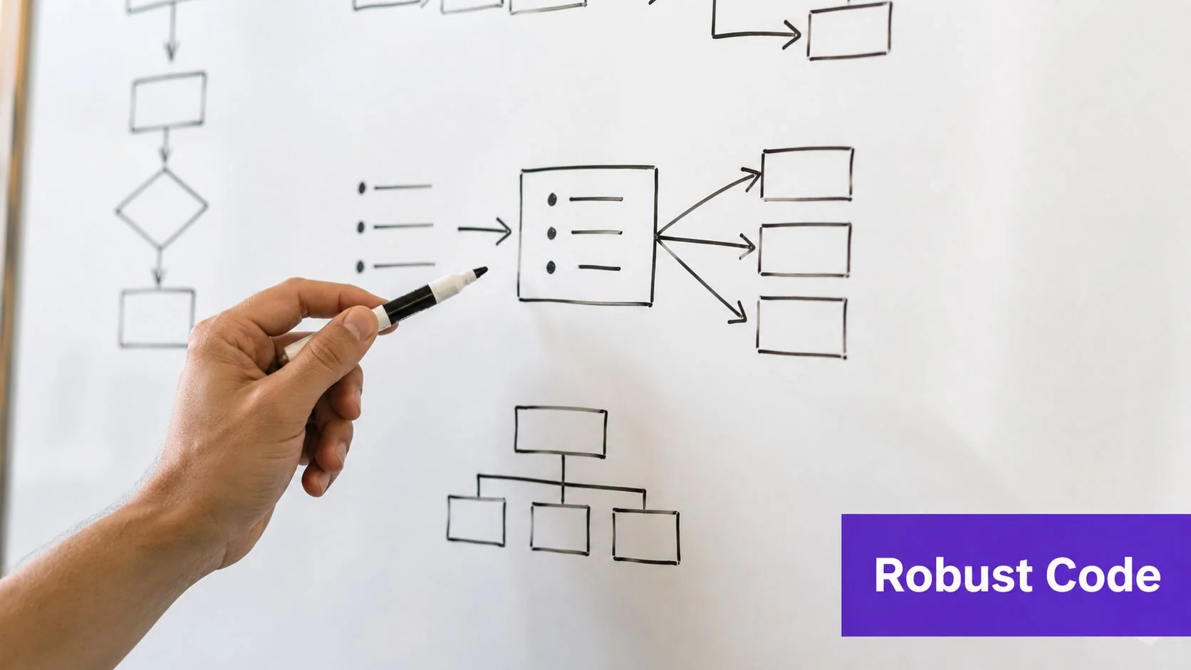A person drawing a complex flowchart on a white board with a black marker during a presentation.