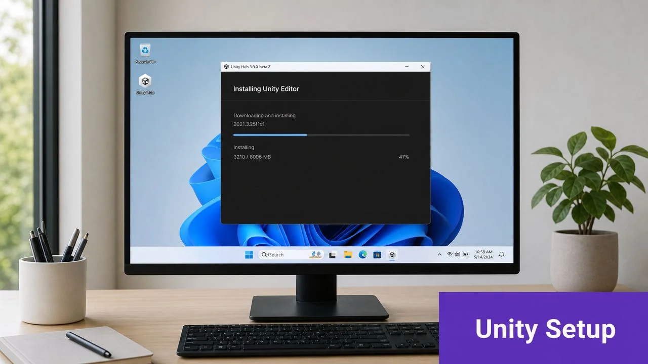 A desktop computer screen displays the Unity Hub window installing the Unity Editor software on Windows 11.