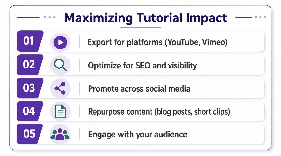 A list of five essential steps for maximizing the reach and impact of online tutorial content.