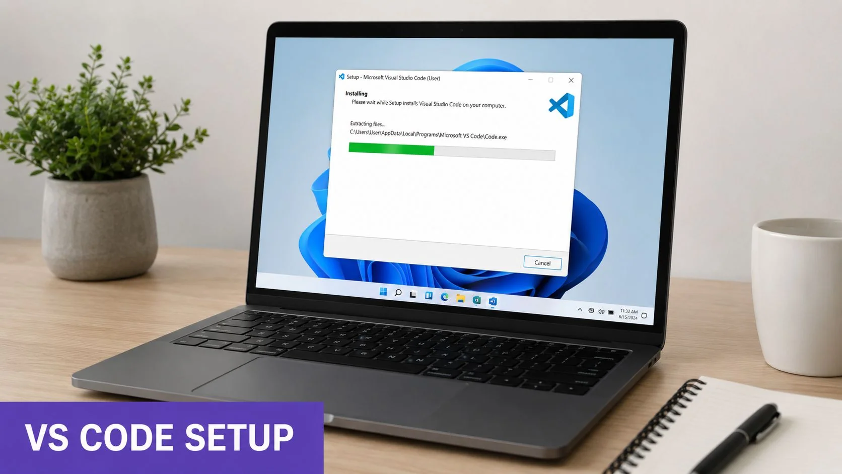 A laptop screen showing the Microsoft Visual Studio Code installation process on a Windows desktop background.
