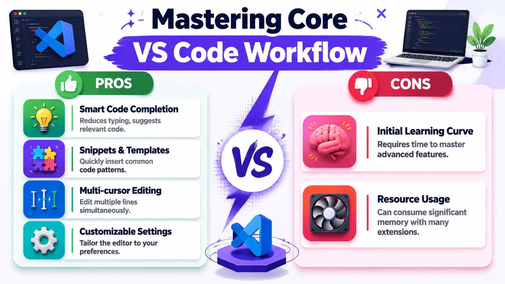 A comparison infographic showing pros and cons of mastering a VS Code workflow for software development.