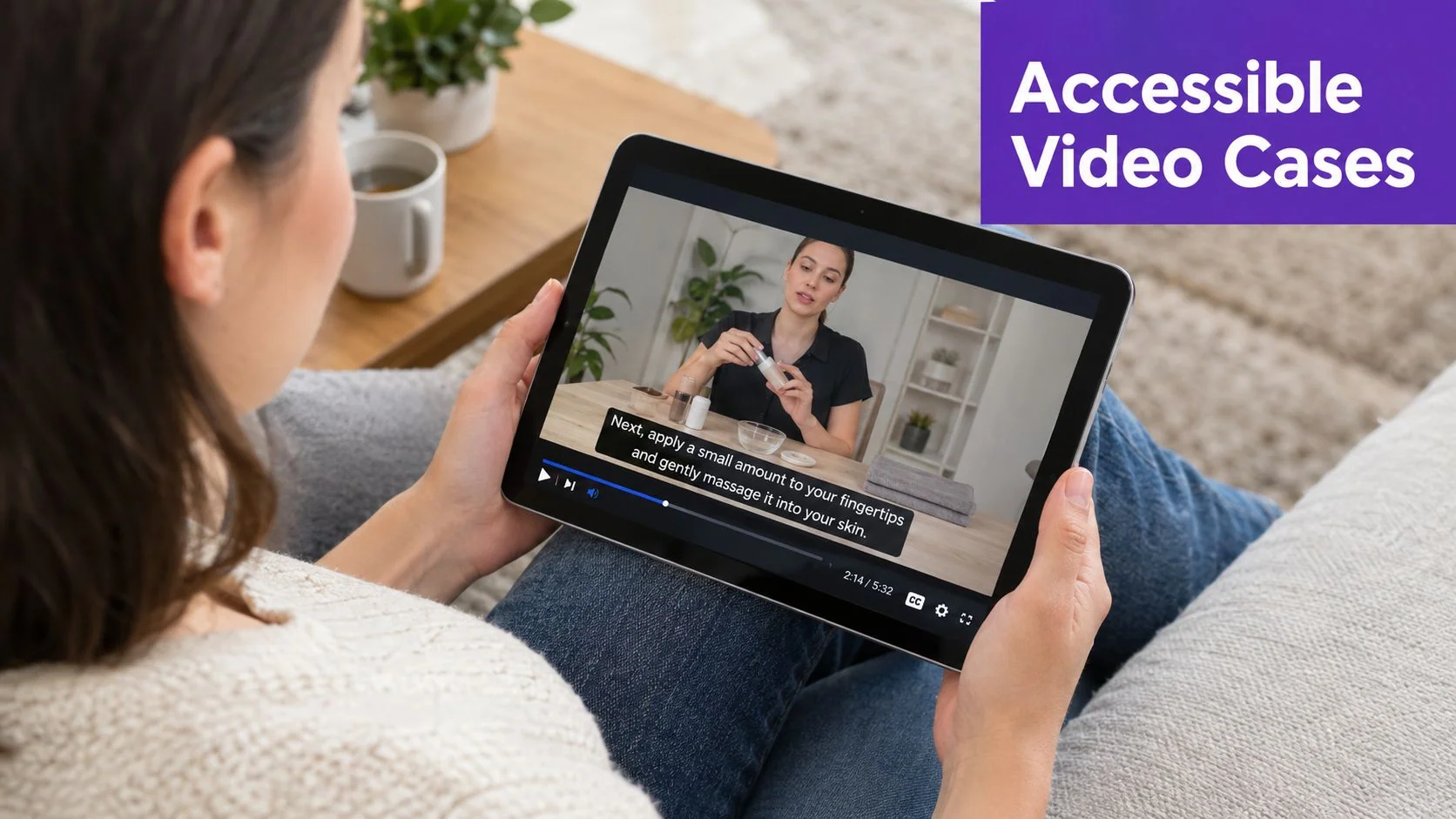 A woman sitting on a couch holding a tablet displaying a video with accessible closed captions.