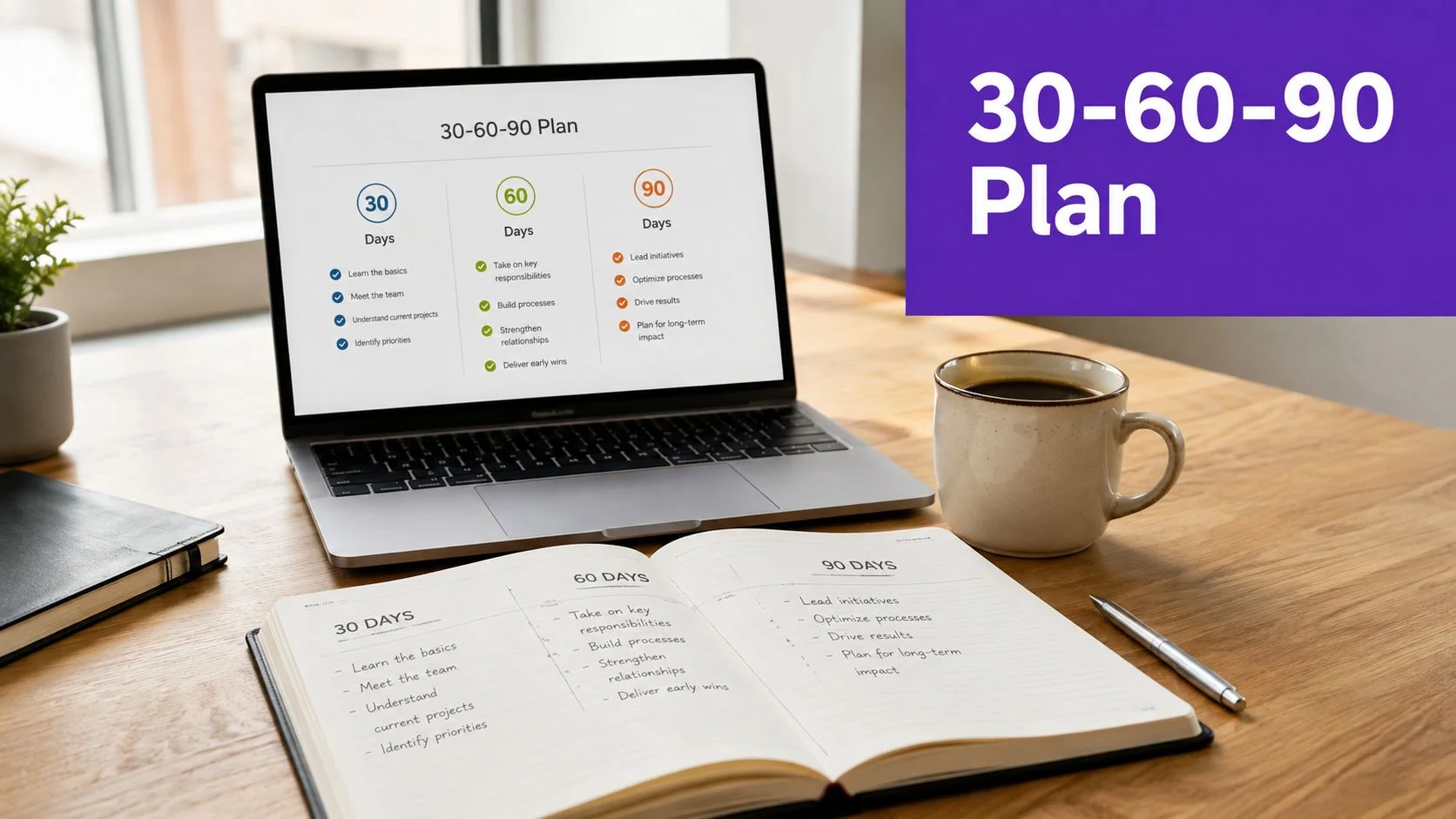 A laptop and notebook on a wooden desk displaying a 30-60-90 day employee onboarding plan.