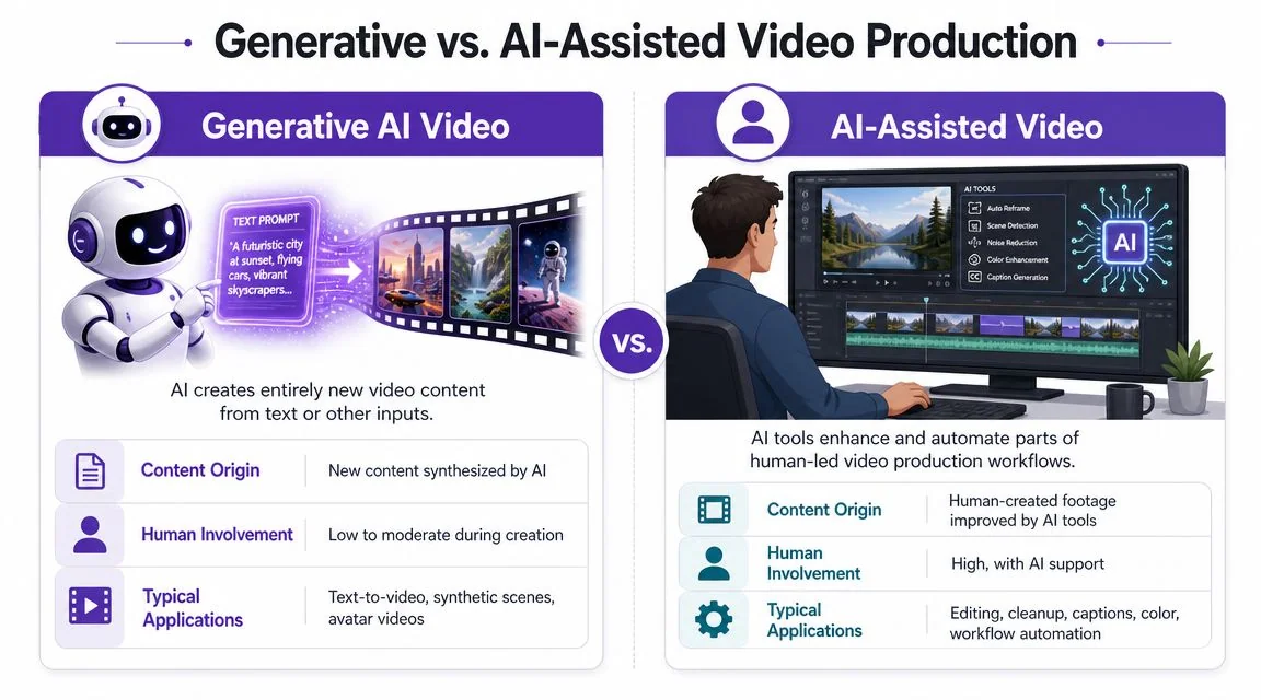 A comparison infographic between generative AI video creation and human-led AI-assisted video editing workflows.