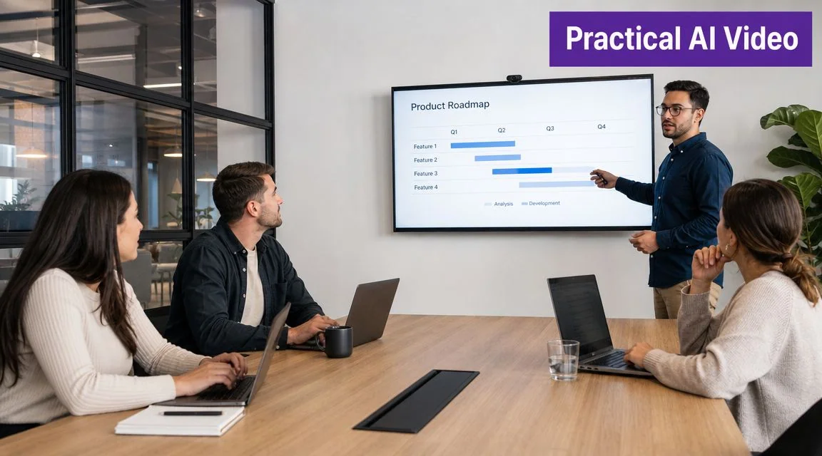 A professional team discussing a product roadmap on a digital screen in a modern office meeting room.