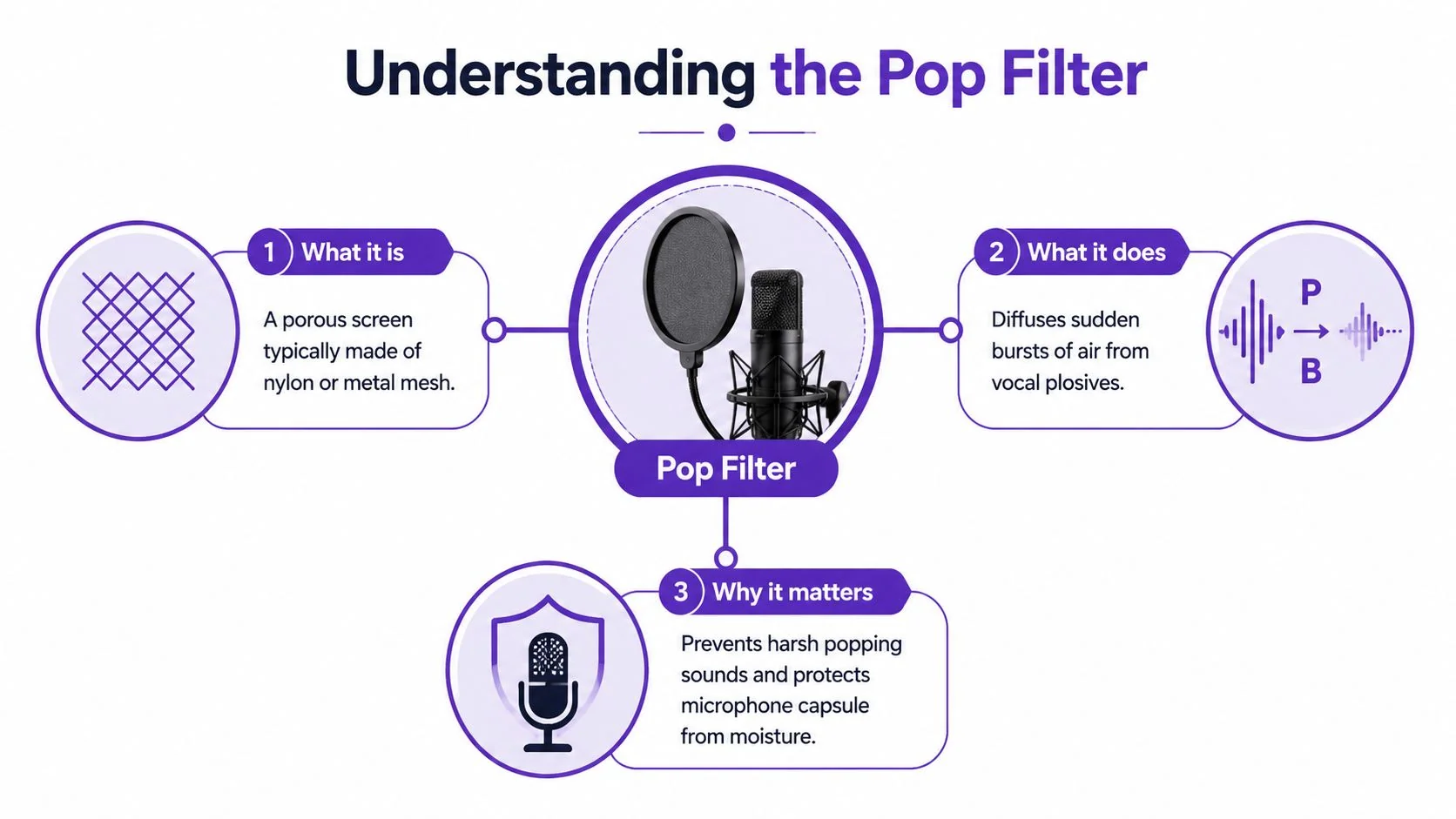 An infographic titled Understanding the Pop Filter, explaining its definition, function, and importance for microphone recordings.