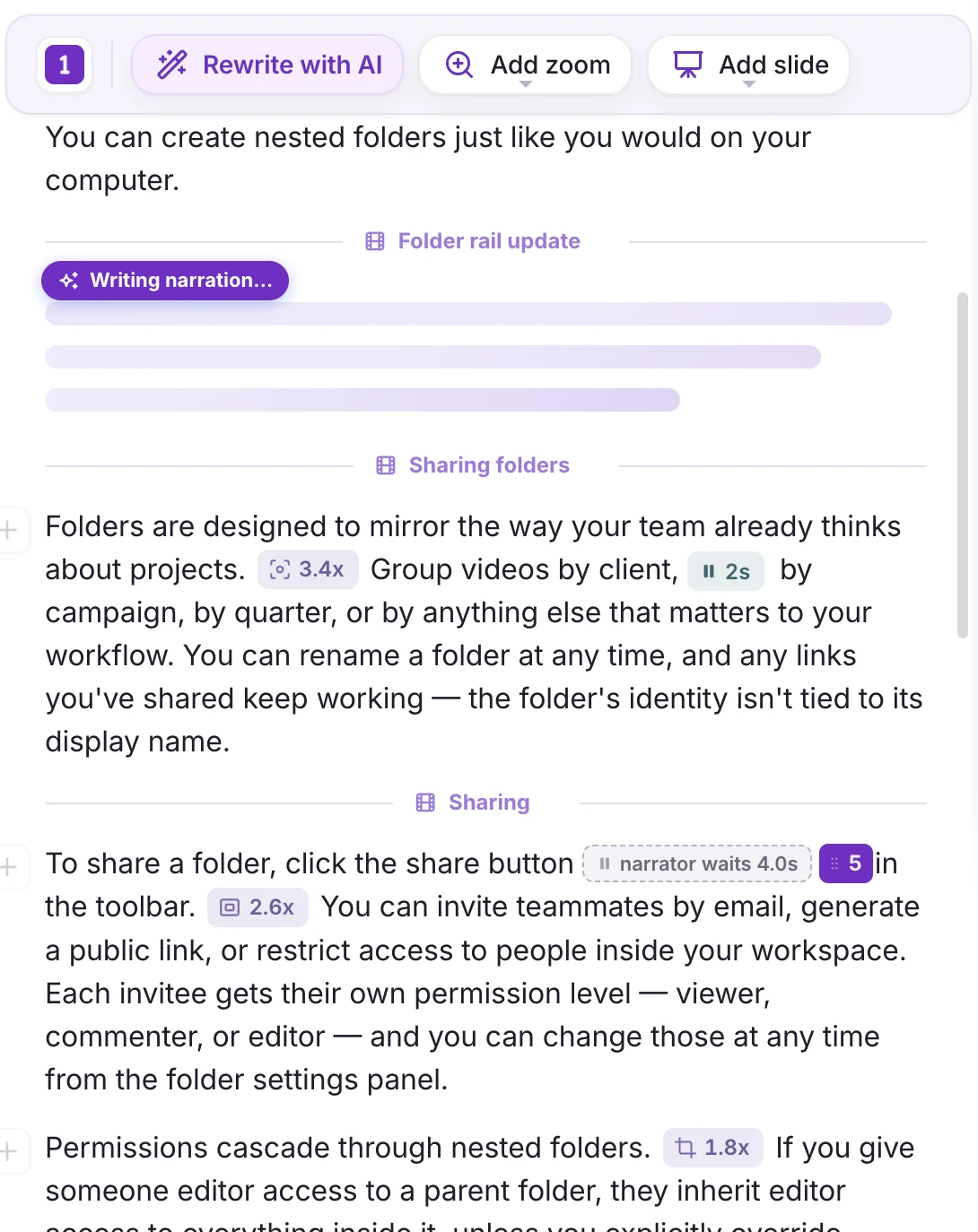The script editor showing three clip sections — Folder rail update, Sharing folders, Sharing — running continuously in one document, with inline zoom, pause and narrator-wait markers