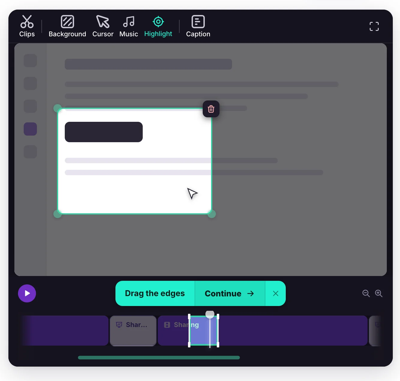The Highlight tab open in the editor, a region drawn over the video with drag handles, and a 'Drag the edges' prompt above the timeline