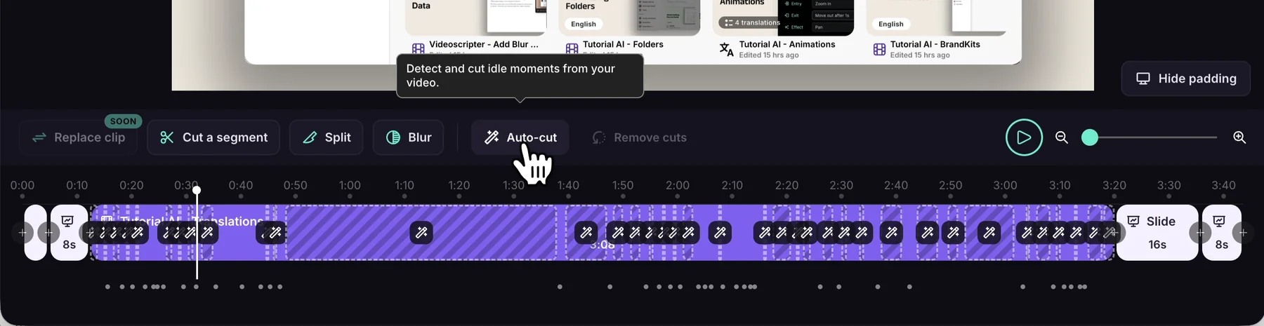 The Clips toolbar: Replace clip marked Soon, Cut a segment, Split, Blur, Auto-cut, Remove cuts, play, and the zoom slider