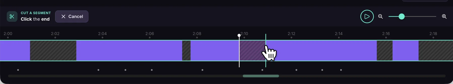 The step bar reading Cut a segment, Click the end, with a Cancel button, while the end of the cut is being placed on the timeline
