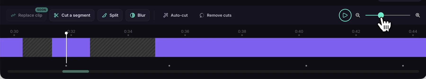 The zoom slider at the right of the Clips toolbar, with the timeline zoomed in to a few seconds