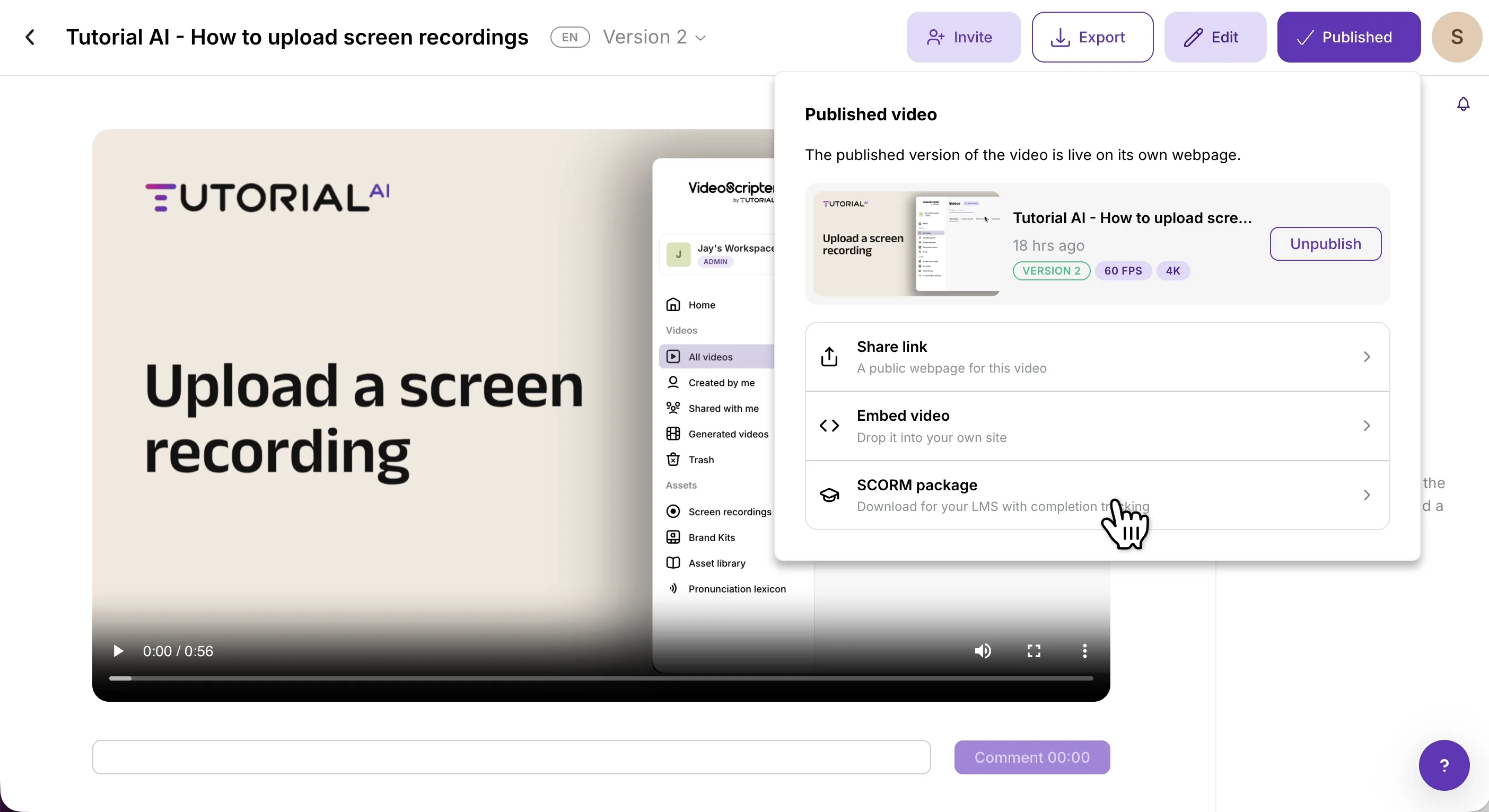 Published video panel with the SCORM package option selected, next to Share link and Embed video