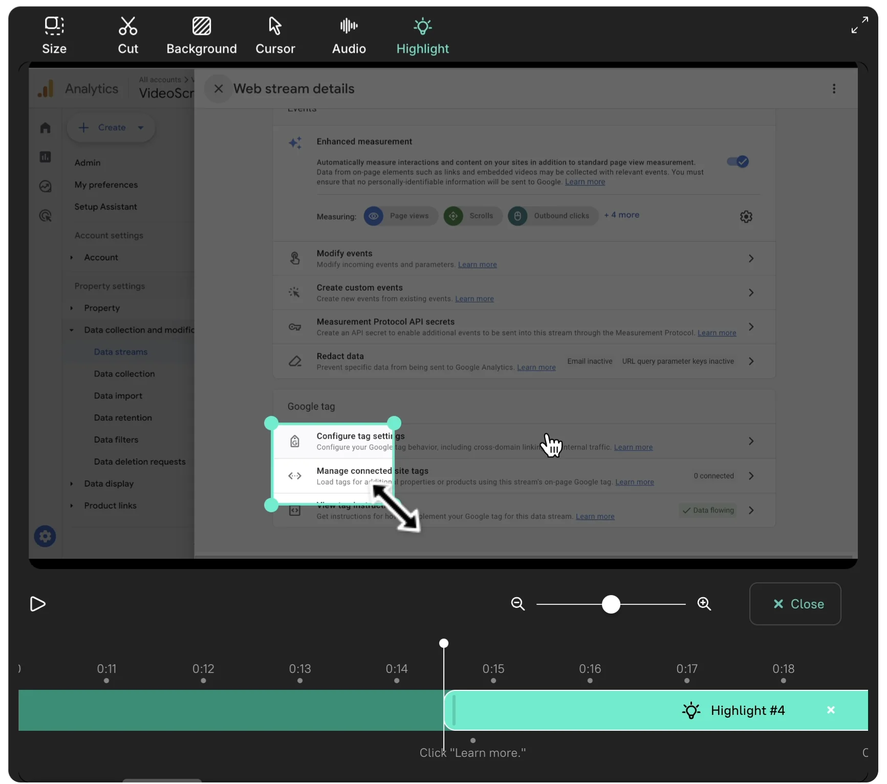A highlight mask drawn around two settings in a Google Analytics screen — the surrounding interface is dimmed and a Highlight segment shows on the timeline