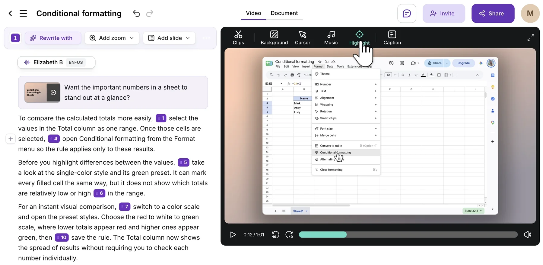 The editor with the cursor on the Highlight button in the toolbar above the video preview
