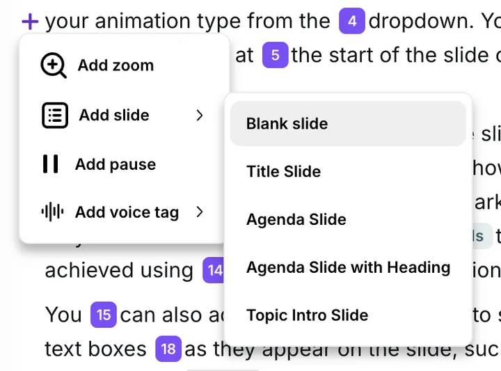 The + menu open in the script panel with Add slide expanded, showing Blank slide and other slide types