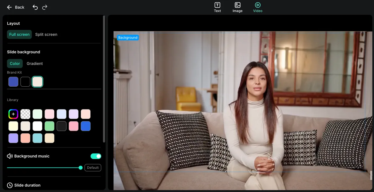 A video clip placed on a slide using the Video tab in the top toolbar, with layout and background controls on the left