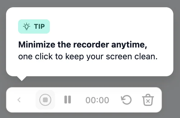 The Chrome Extension recording toolbar with stop, pause, timer, restart, and discard buttons, and the left-arrow icon highlighted as the minimize control