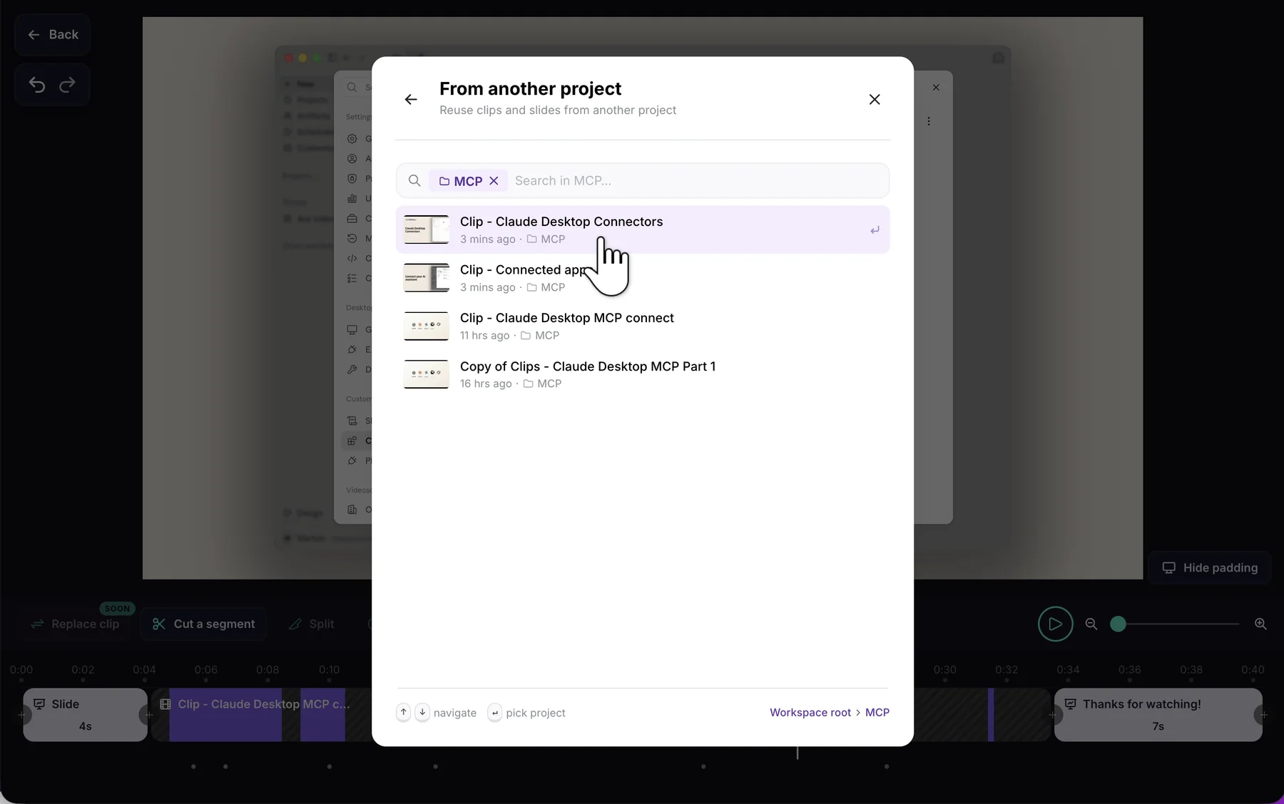 The From another project window listing projects in the MCP folder, with search and folder navigation
