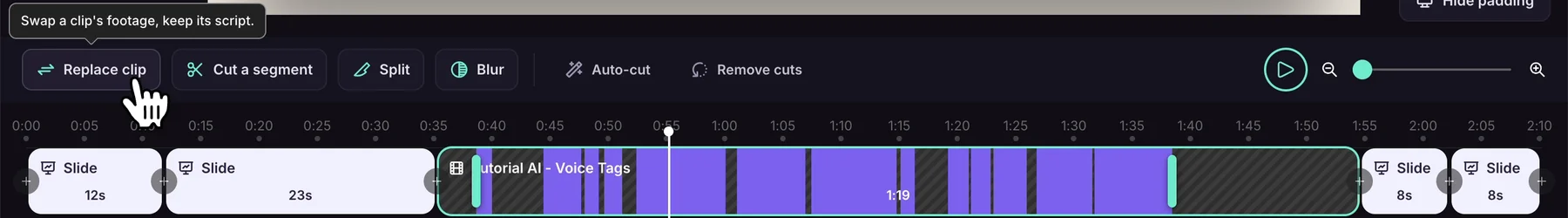 The Clips toolbar with the cursor on Replace clip and its tooltip, Swap a clip's footage, keep its script, above the timeline
