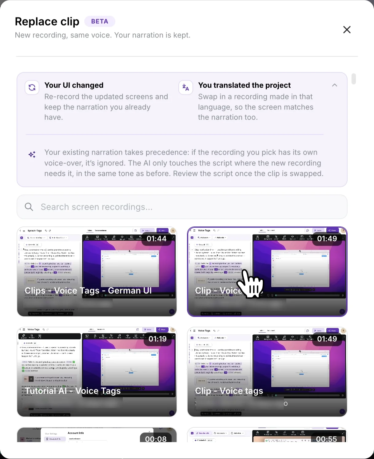 The Replace clip window, marked Beta, explaining Your UI changed and You translated the project, with a search box and a grid of screen recordings