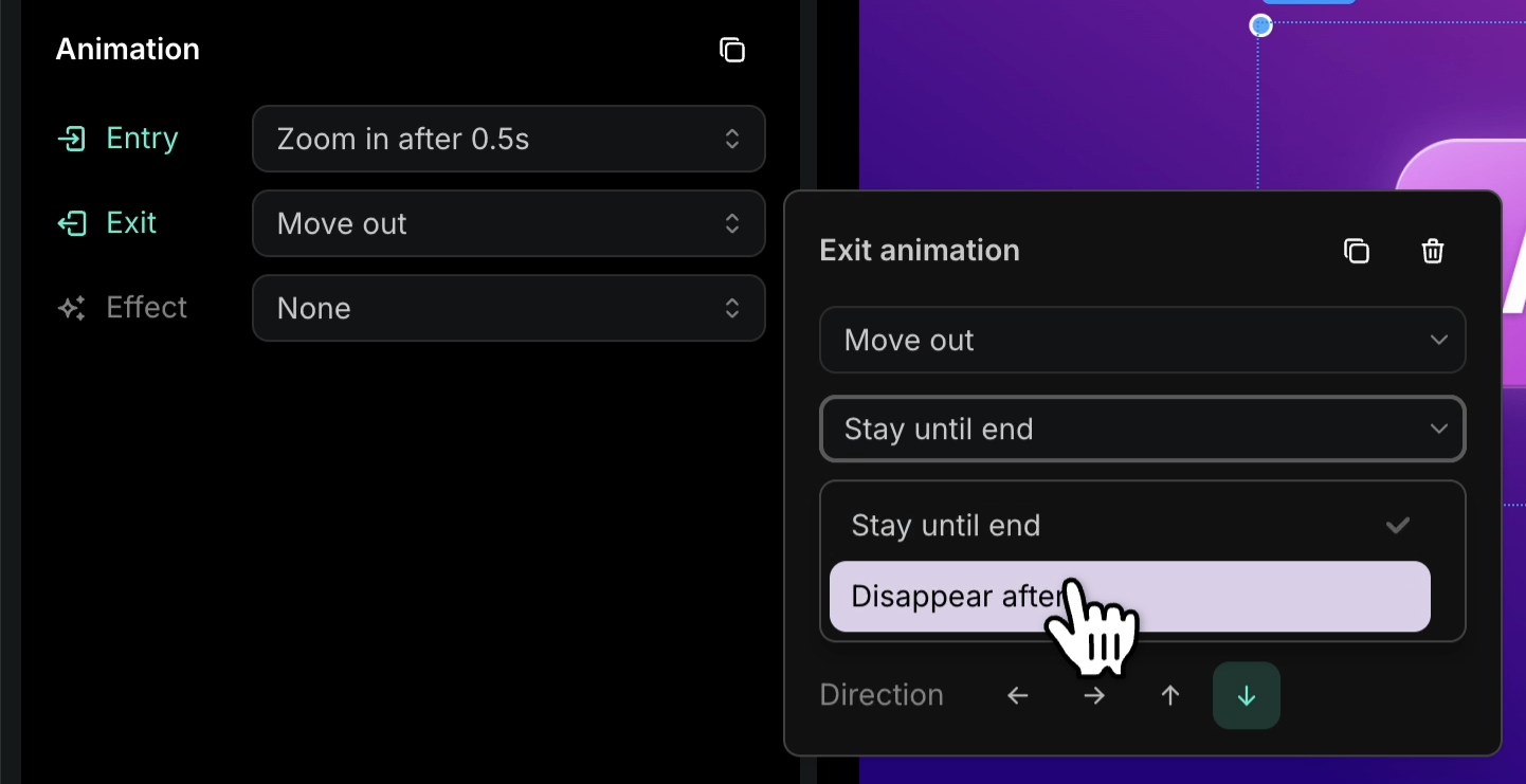 Exit Animation section with Disappear after timing