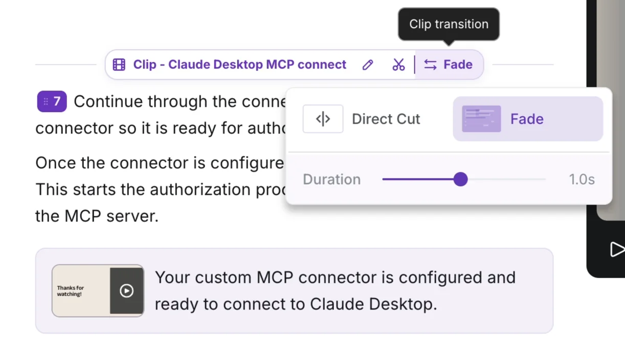The Clip transition menu on a clip heading, with Direct Cut and Fade options and a Duration slider set to 1.0 seconds