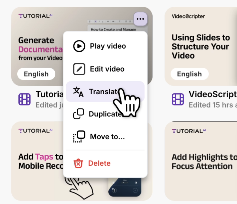 Translate option in the video tile's three-dot menu